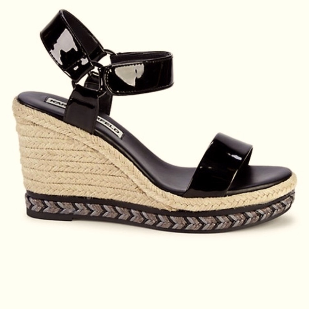 Karl Lagerfeld Cascada Espadrille Wedge Sandals in a shiny patent finish